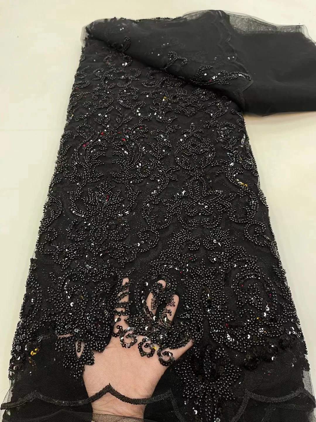 

2022 Africa Elegant Black Handmade Sequins Luxury Swiss Beaded Tulle Lace Fabric French Fashion For Women Wedding Party Dress