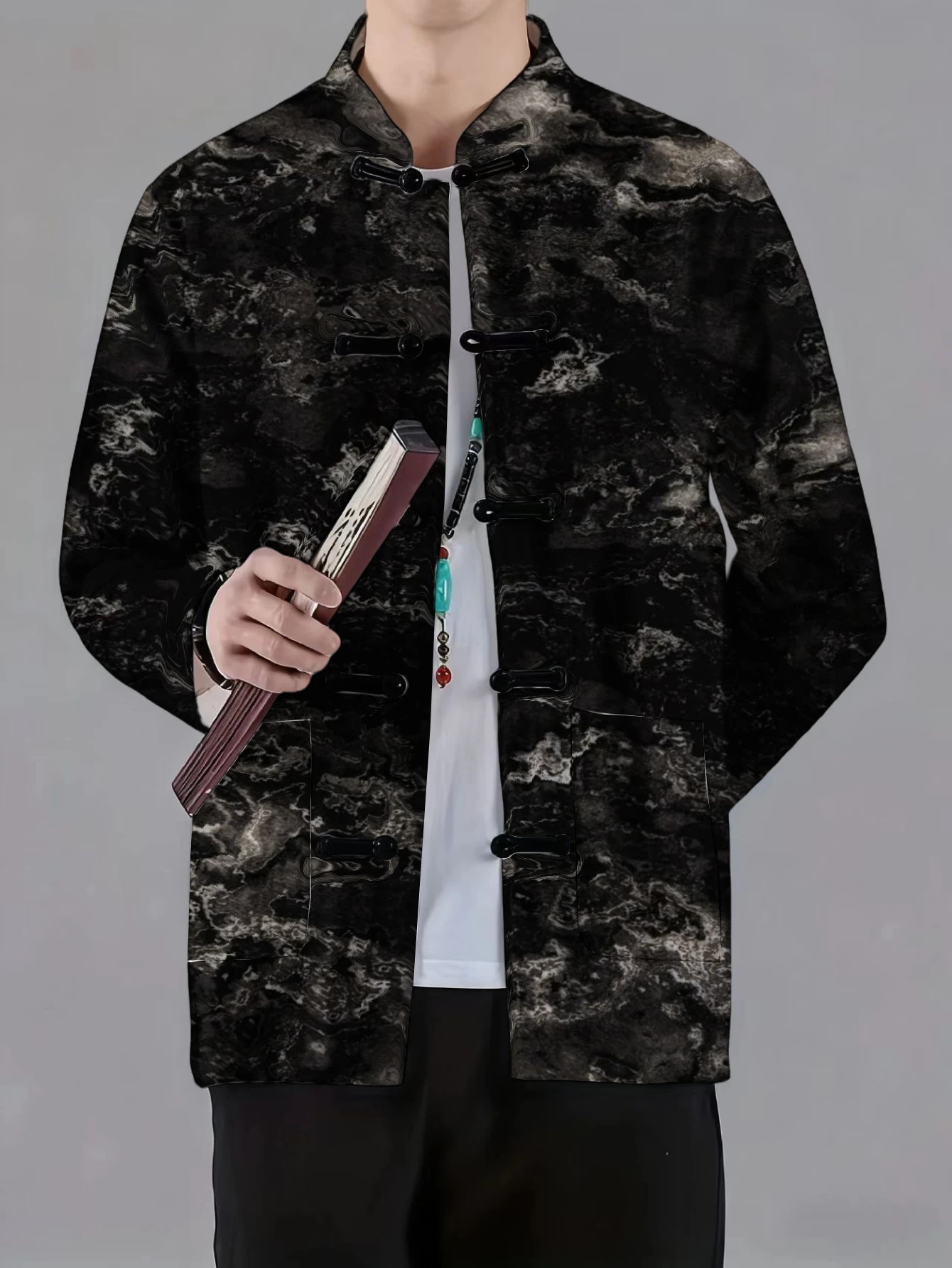 Men Mandarin Collar Frog Button Jacket Koi Marble Dragonfly Mountain Landscape Print Traditional Outerwear