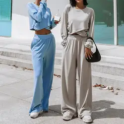 Wide-leg Pants Outfit Women's Round Neck Sweatshirt Wide Leg Trousers Set for Sport Fitness Long Sleeve Irregular Hem for Active