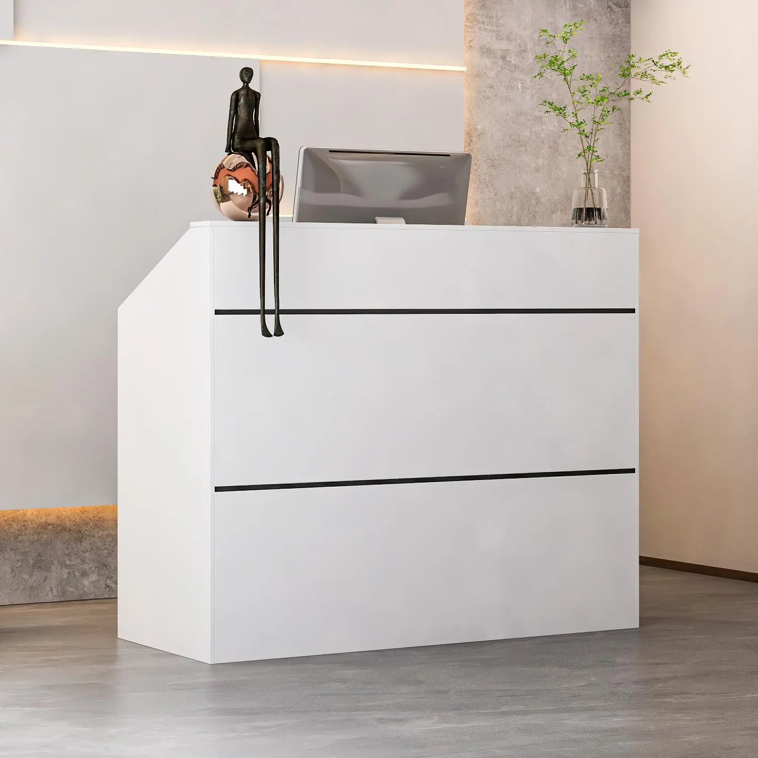 Reception Desk with Counter, Modern Checkout Counter Front Table, 47.2" W White Receptionist Desk with Black Trims