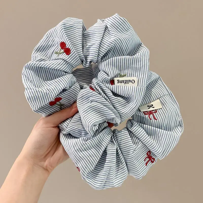 New Embroidered Cherry Hair Ropes Ties Bow Butterfly Scrunchies Blue Striped Hair Bundle Sweet Girls Headwear Ponytail Holder