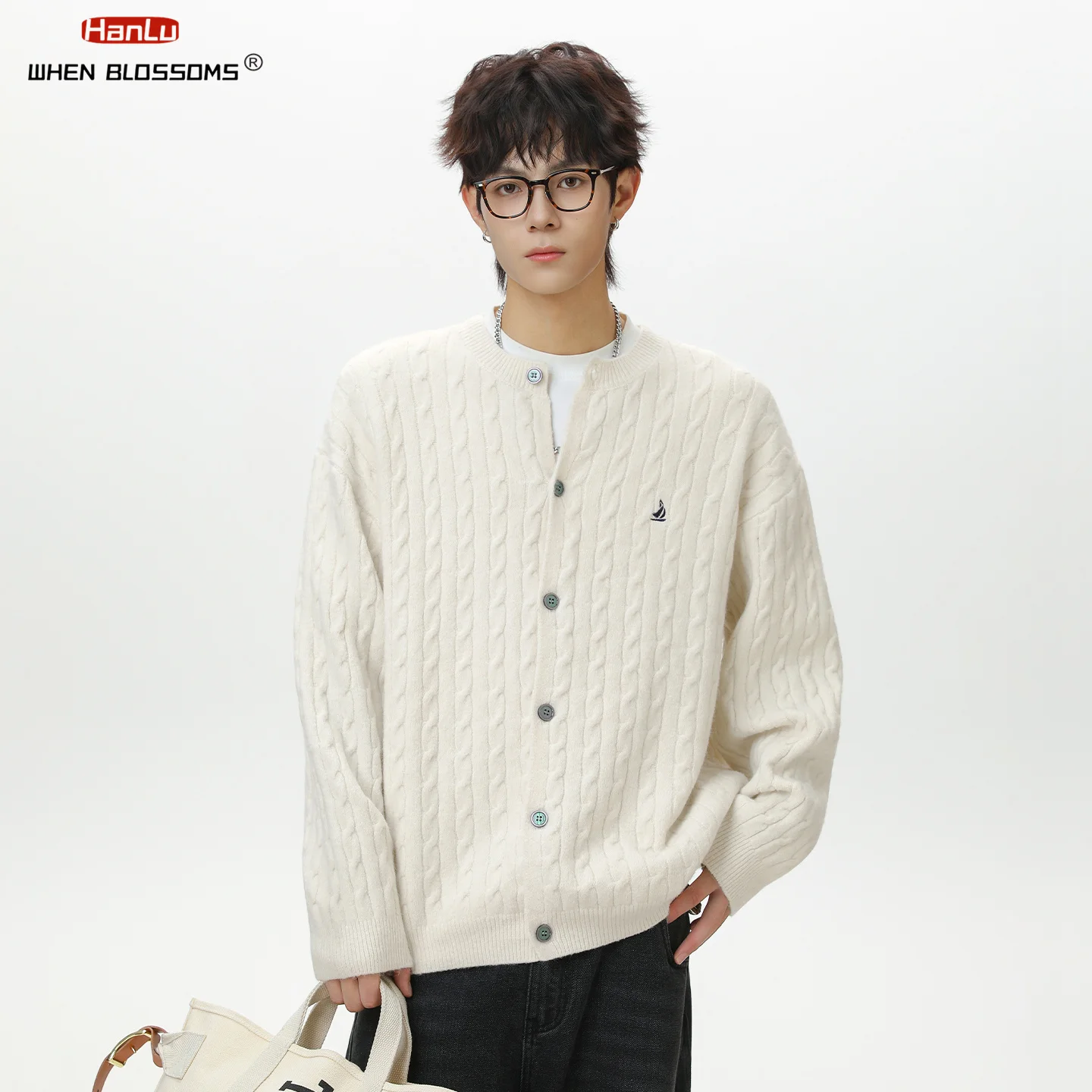 Hanlu 2025 الرجال كابل سترة متماسكة لينة محكم سترة المتضخم خمر الشارع الشهير دافئ الخريف بلوفر شتوي #5