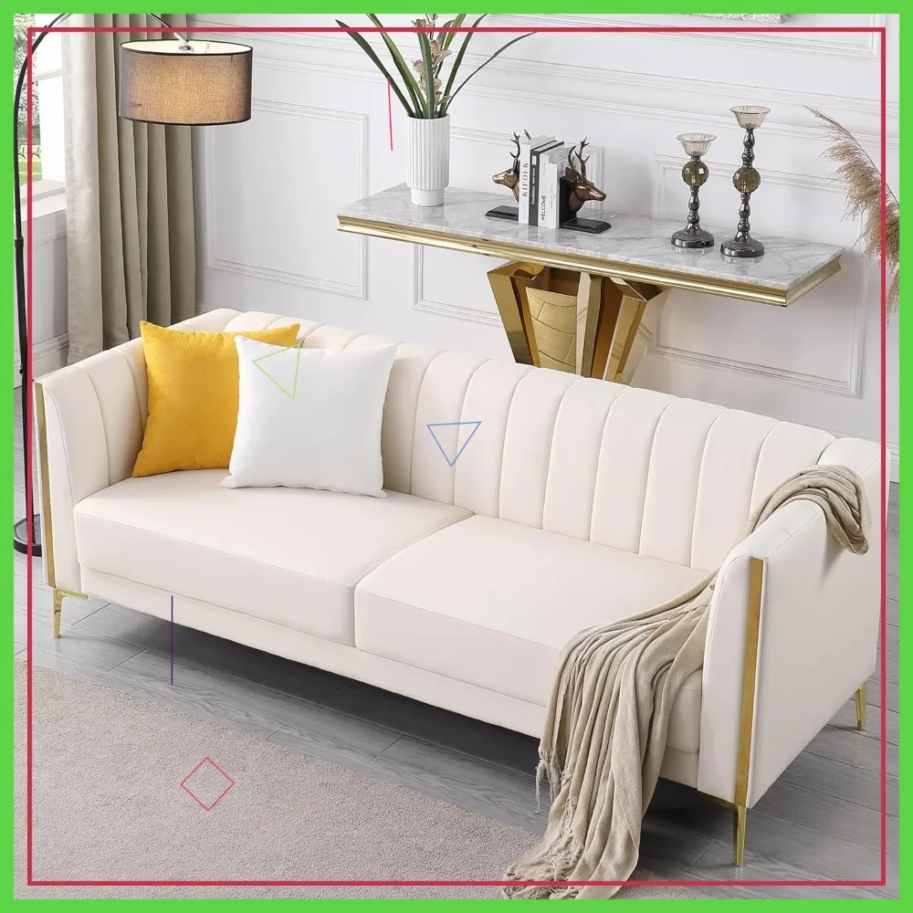 

78'' Modern White Faux Leather Sofa 3-Seater with Gold Legs & Throw Pillows, Deep Seat Cloud Couch for Living Room