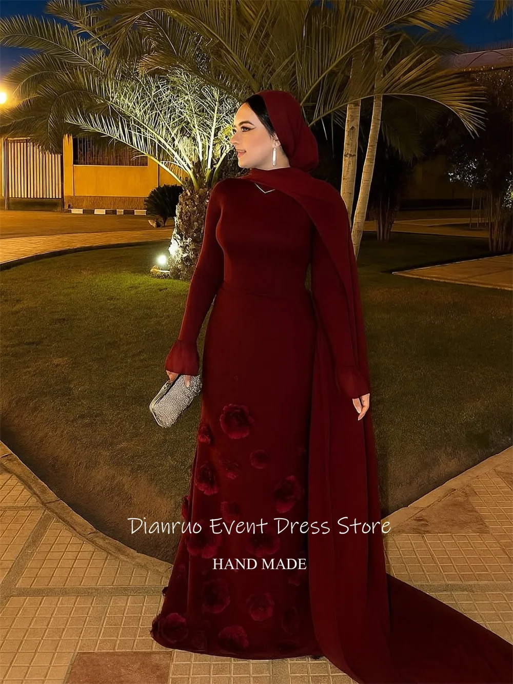 Dianruo бордовое вечернее платье с длинными рукавами, обычная накидка с прикрепленной накидкой, Vestidos De Fiesta, свадебное платье в Саудовской Аравии по индивидуальному заказу