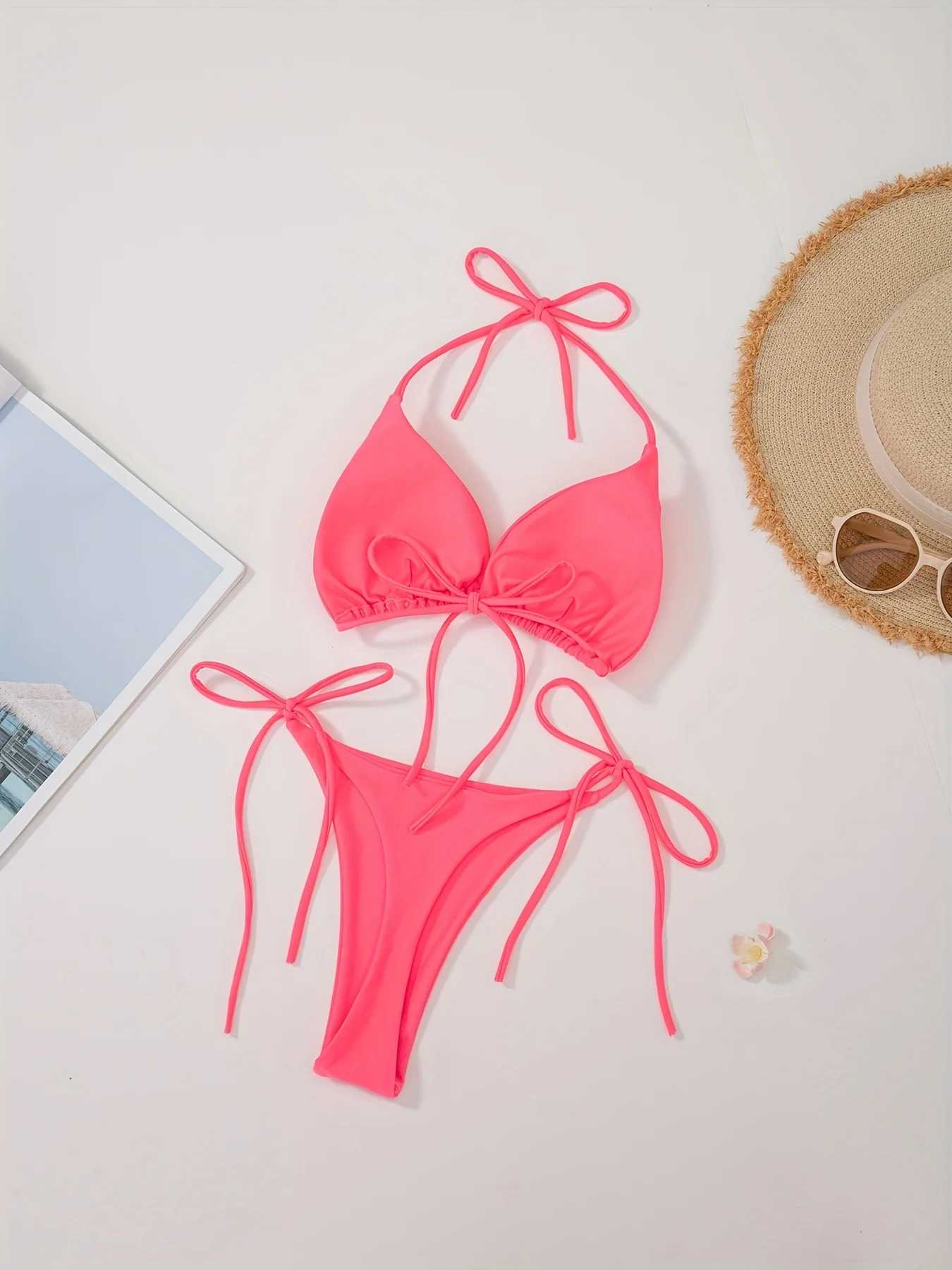 Fluorescent Pink Halter Bikini Top + Bottom Set - Women's Tie Side Triangle Swimsuit 2026 Trendy Swimwear