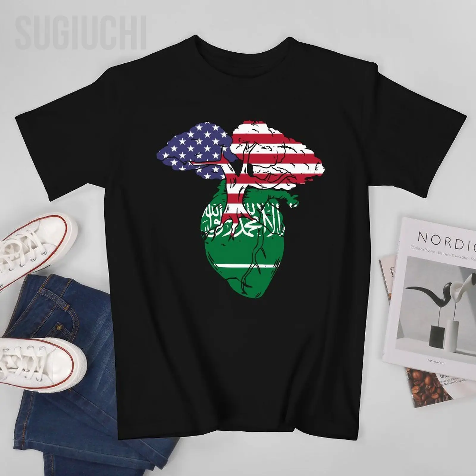 Men Short T-Shirt Saudi Arabia  Flag American Heart Tshirt Tees O-neck T Shirts Women Boys 100% Cotton Unisex Nation All Seasons