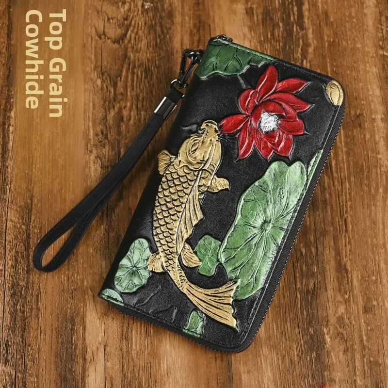 retro-floral-embossed-top-layer-cowhide-leather-long-wallet-handbag-genuine-leather-anti-theft-for-women-mobile-phone-bag