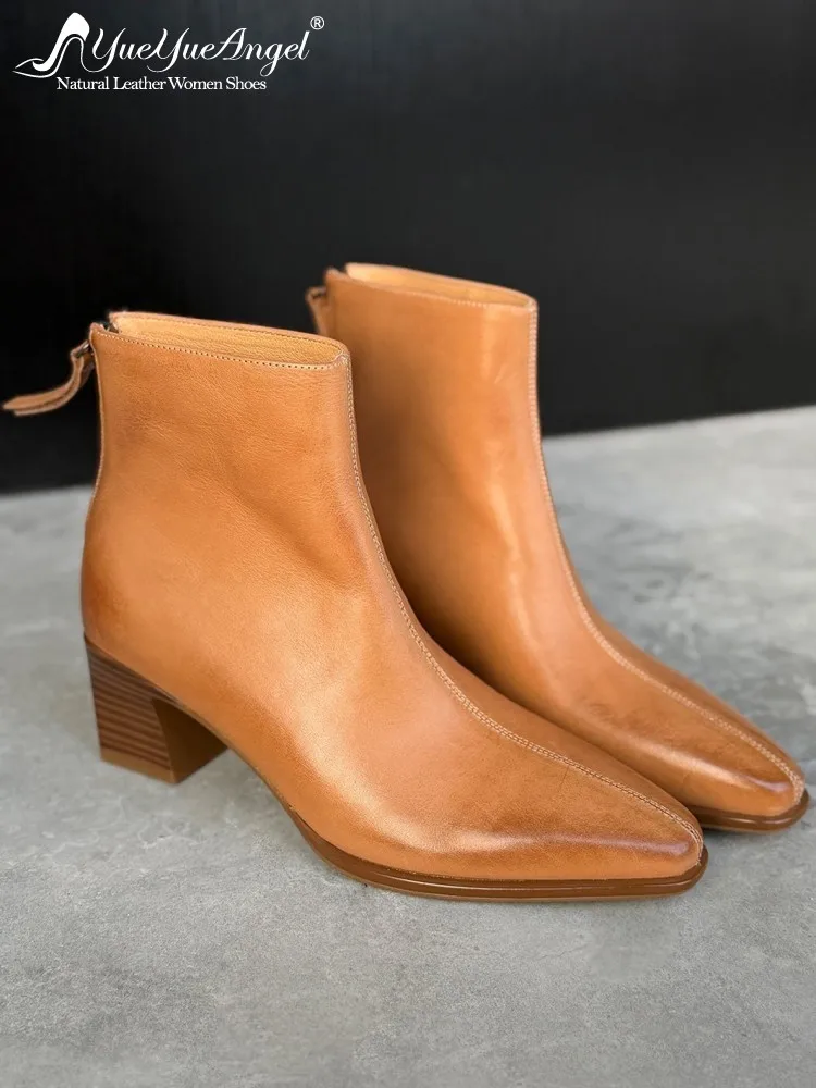 British Style Female Genuine Leather Pointed Toe Ankle Boots Versatile Solid Color Cowhide Zipper Customized 15 Days Footwear