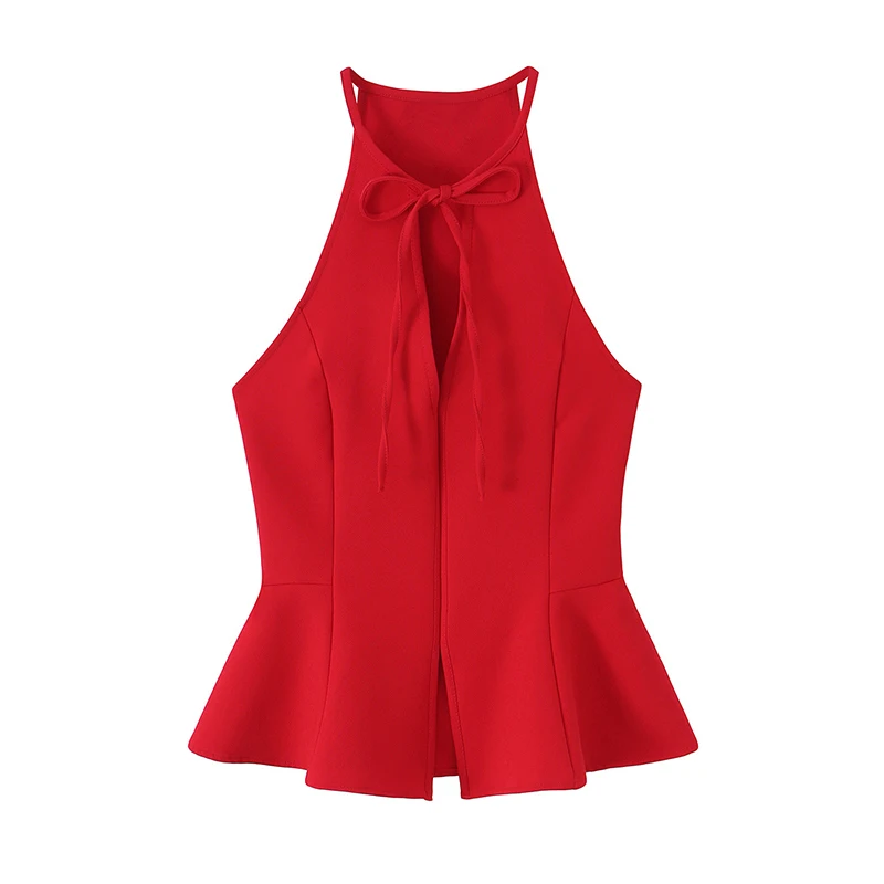 YENKYE Women's Red Bow Halter Neck Peplum Cami Top Front Split Sleeveless Fitted Ruffle Hem Party Summer Tops