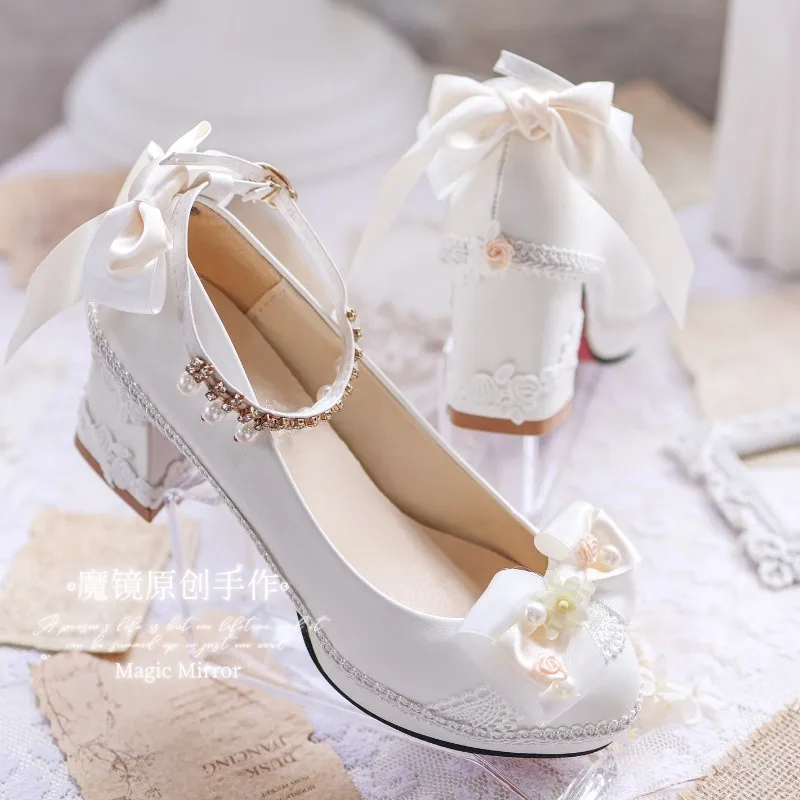 Ivory White Lolita Block Heels Bow & Pearl Round Toe Shoes 5/8cm Heel Ankle Strap Tea Party Pumps Sweet Girl Shoes
