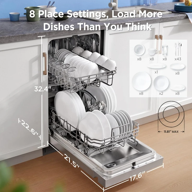 Built-in Dishwasher with 8 Place Settings, 6 Washing Programs, Stainless Steel Tub, Heated Dry, Energy Star