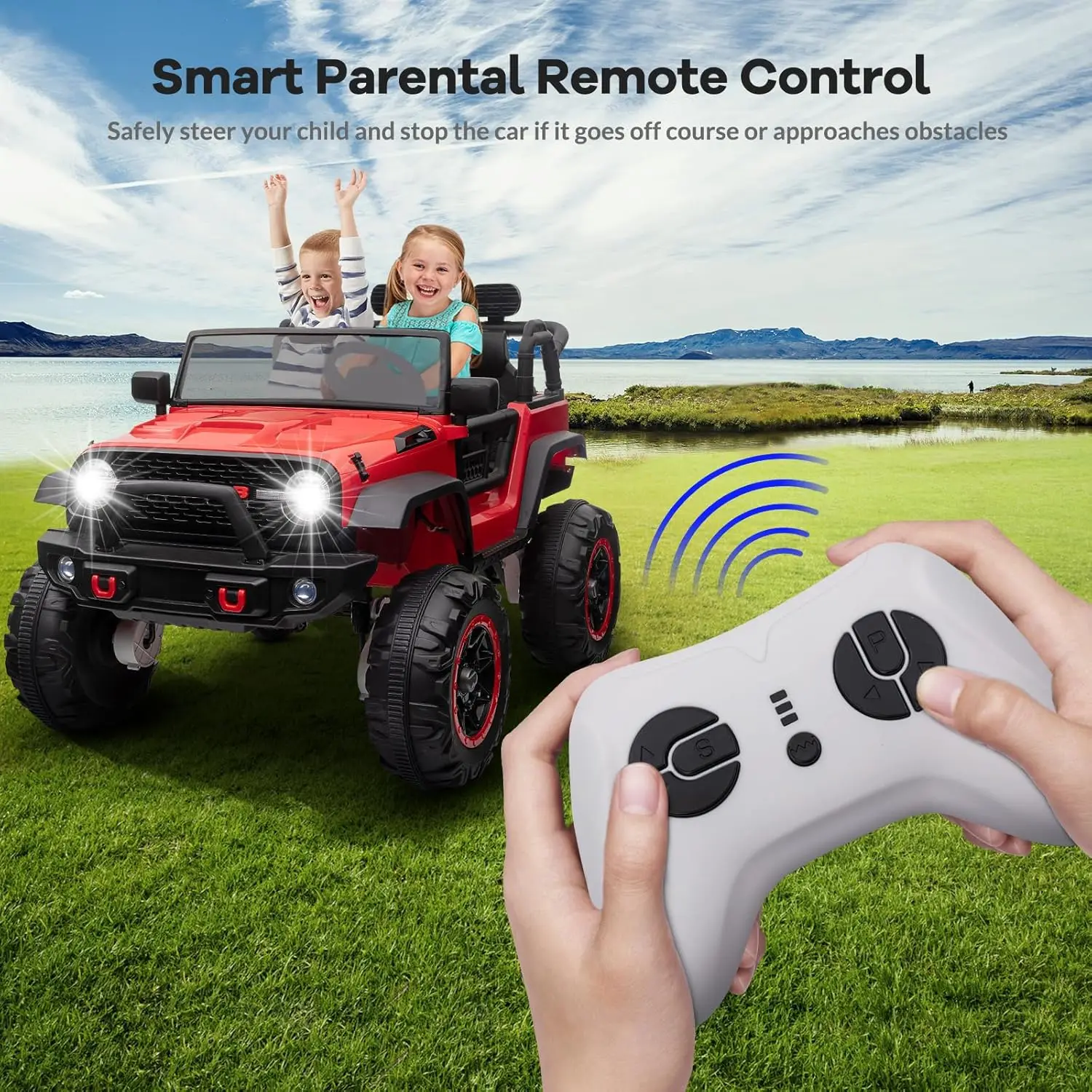 24V 2人乗り子供用電動自動車、最高速度5.5マイル/時、リモコン、アクセルペダル、トレッドタイヤ付きの4輪乗用トラック