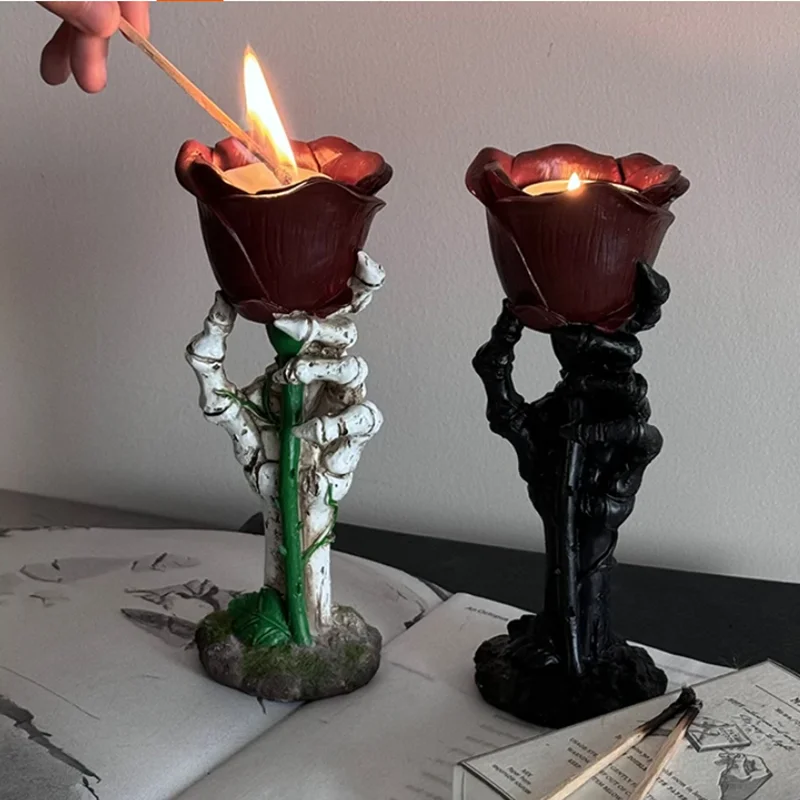 Creative Resin Skeleton Hand Rose Candlestick, Dining Table Centerpiece, Interesting Christmas Decoration, Sculpture Crafts