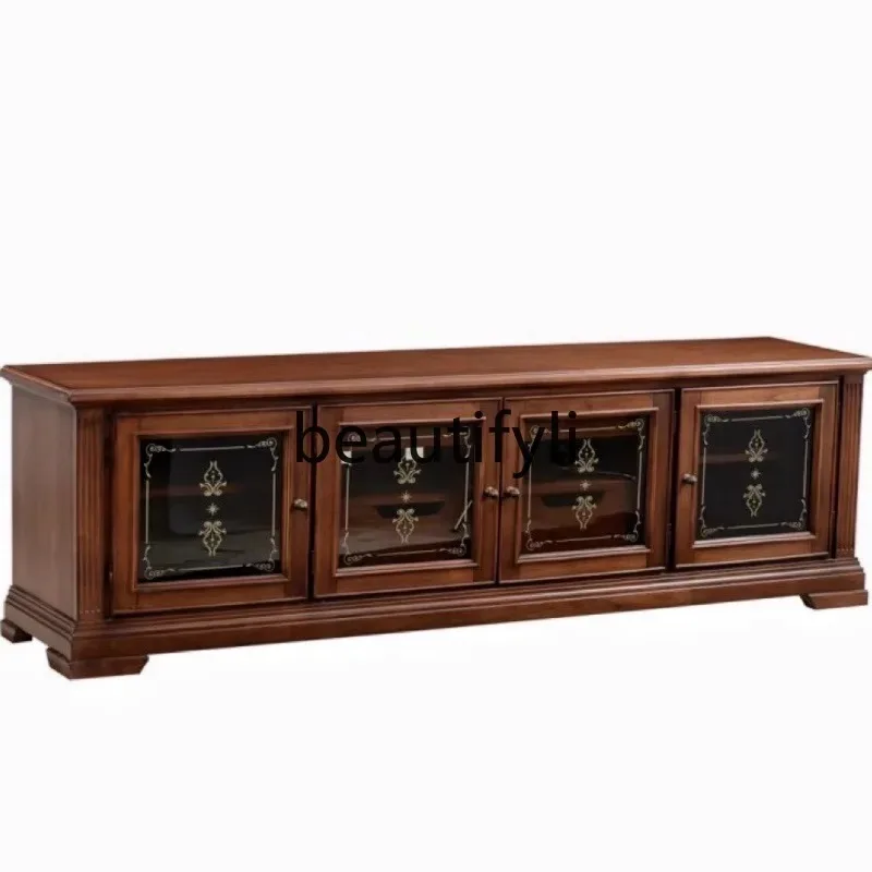 D2520 American solid wood carving flower retro TV cabinet four doors glass locker