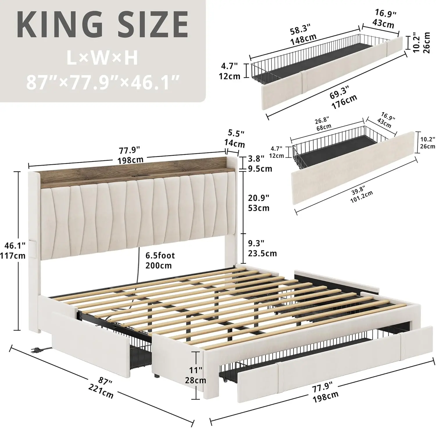 Rama łóżka typu king-size z zagłówkiem i stacją ładującą, nie wymaga sprężyny pudełkowej, łatwy montaż, beżowy