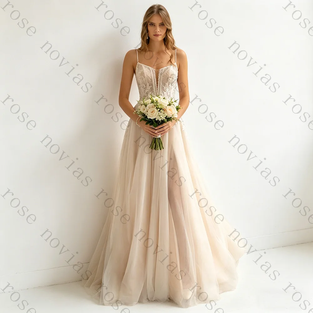Customized Chiffon Spaghetti Strap Lace High Seam Beach Wedding Dress 2026 Elegant Decal A-line Bridal Gown Suitable for Parties