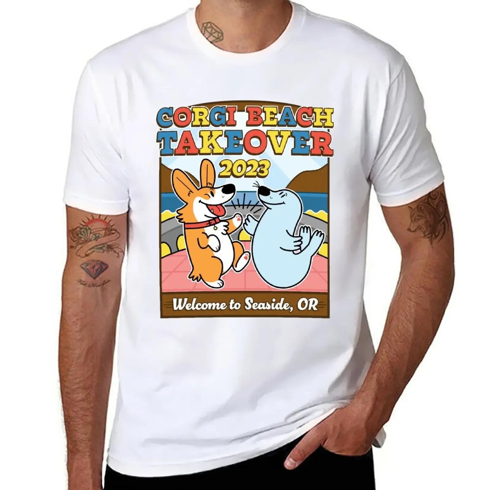 New 2023 Welcome To Seaside, Corgi Beach Takeover T-Shirt anime figures plus size clothes boys whites oversized t shirt men