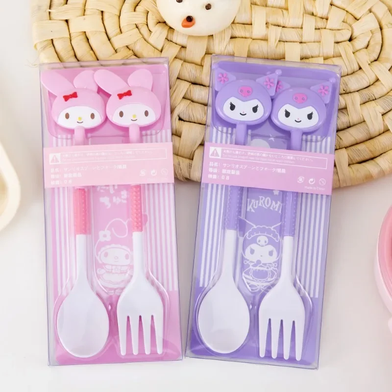 Louça portátil infantil Sanrio Cartoon - Kuromi fofo, conjunto de duas peças de garfo e colher My Melody, talheres Anime Hello Kitty