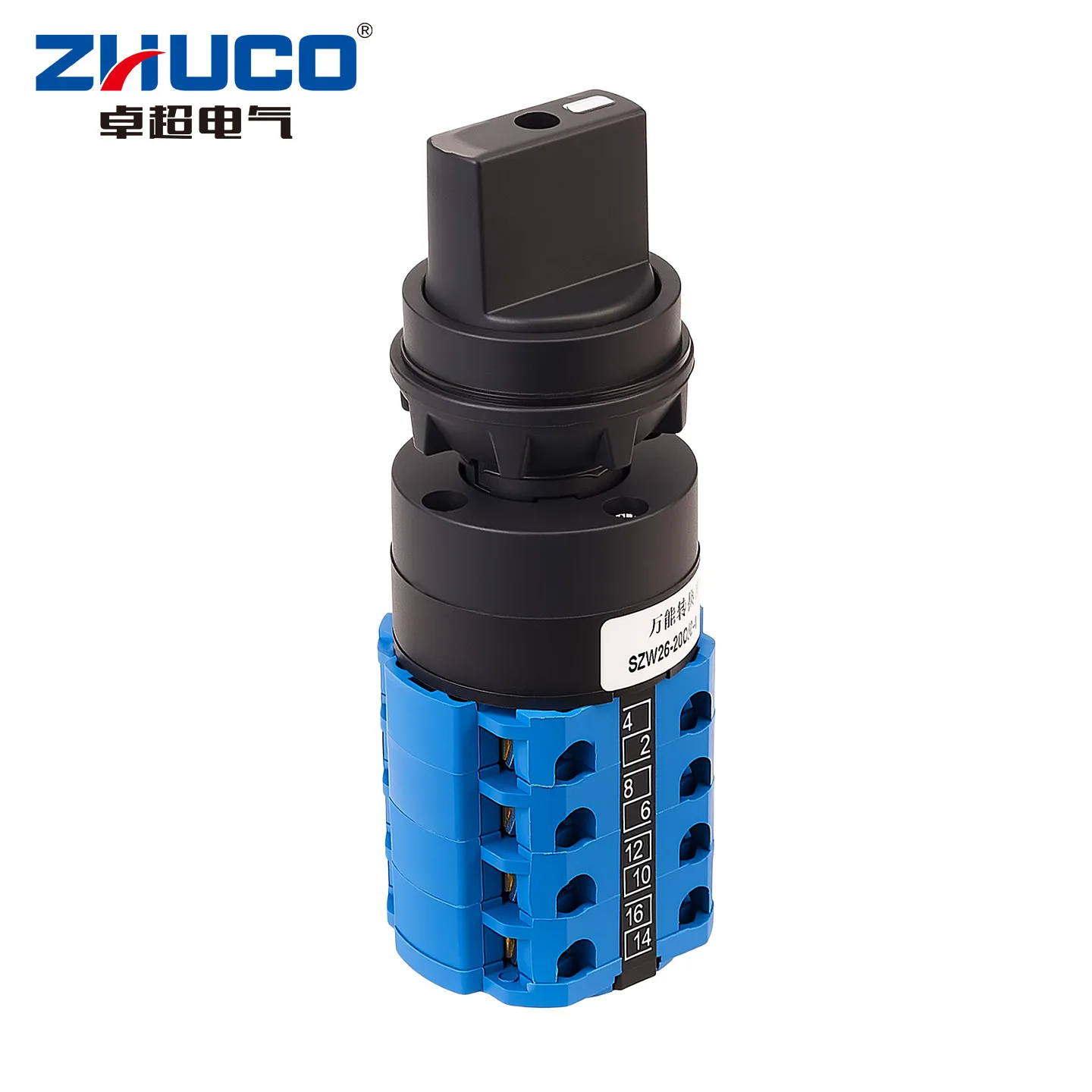 ZHUCO 2/3 position selector switch 20A 690V, 16-terminal universal rotary cam selector with lock, suitable for power distribution cabinets, machine tools, industrial panels (SZW26-20C/OM, ON OFF ON, ON OFF, ON ON)