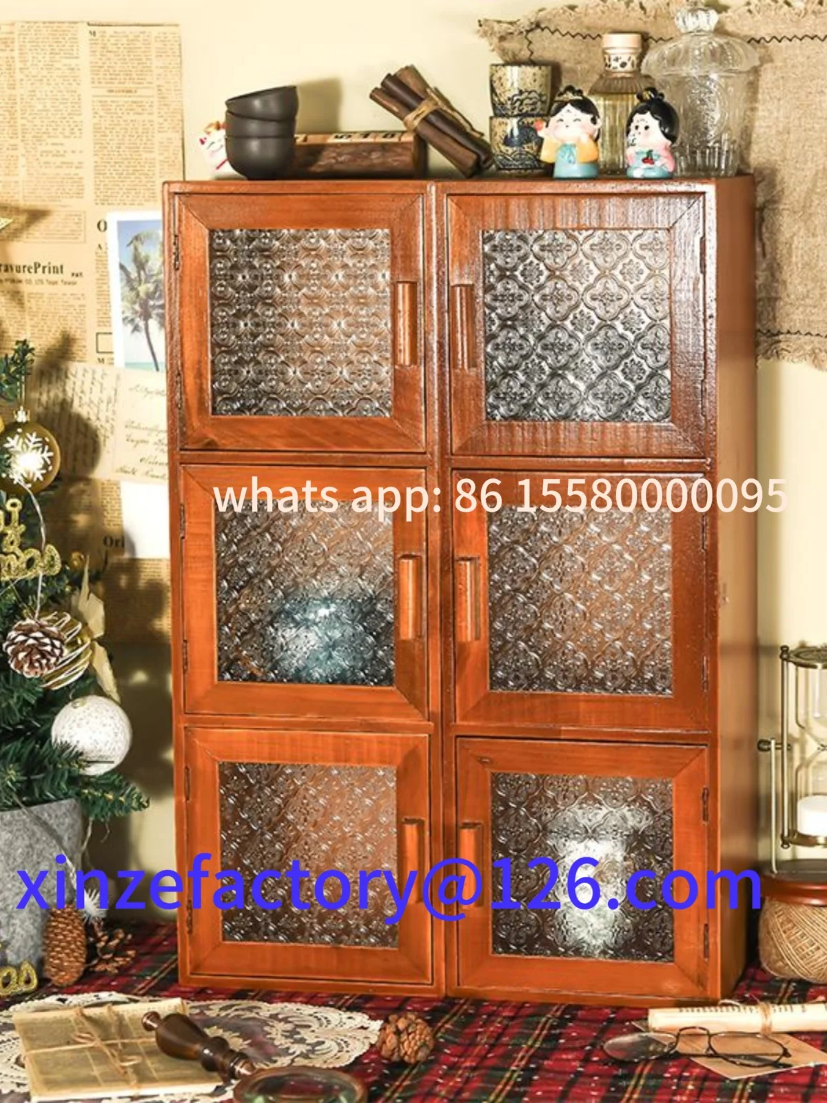 Customizable Retro Wood Storage Cabinet Kitchen Counter Heightened Cup Storage Home Tea Set