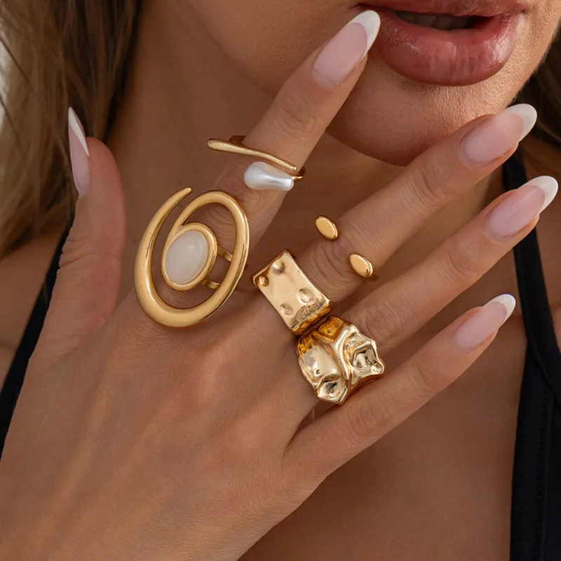 Neova Fashion Liquid Metal Texture Twist Ring Set Vintage Style Simulated Pearl Layered Stacking Knuckle Rings for Women
