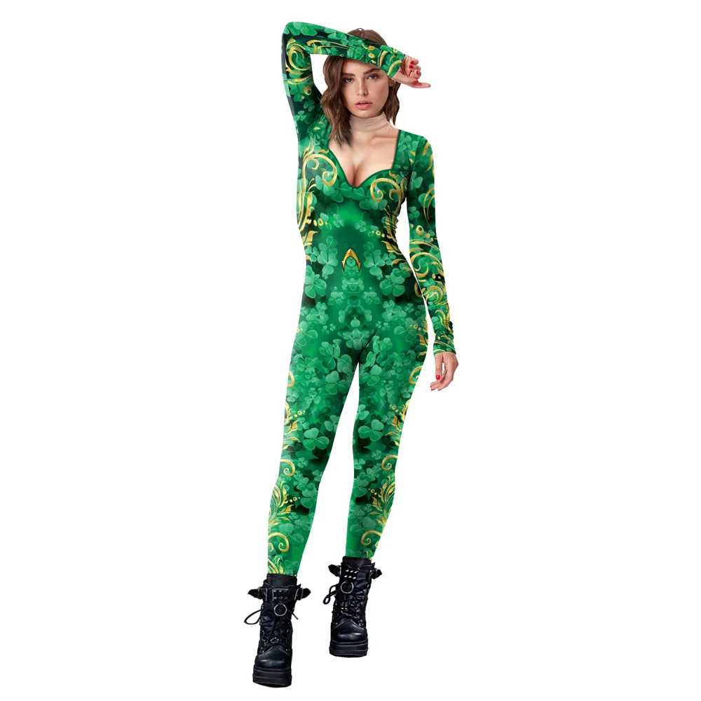 St. Patrick's Day tuta donna verde body Halloween Costume Cosplay Sexy Skinny Catsuit Spandex Elastic Party Zentai Suit