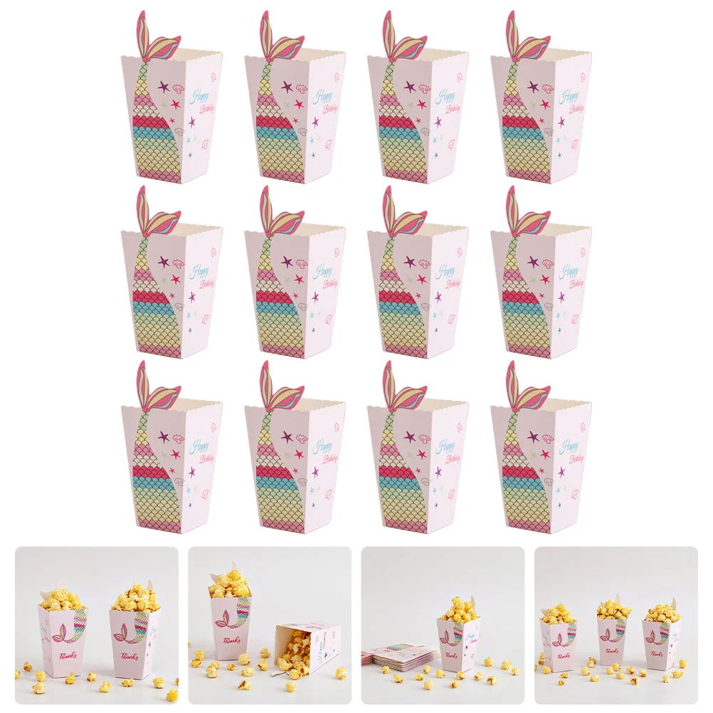 12 Pcs Mermaid Chip Box Popcorn Paper Boxes Packing French Fries Bags Wrapping Pattern Cases Decorative Snack