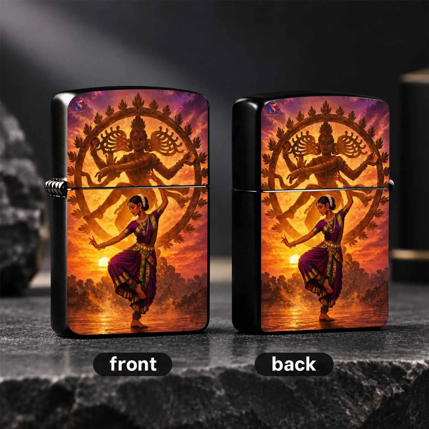 Exquisite Classical Bharatanatyam Themed Lighter With Nataraja Deity Dance Art Print Sunset Waterscape Cultural Motif Portable Stylish Accessory Ideal For Daily Use Gifting Various Scenarios Unique Artistic Decorative Functional Piece A Hum