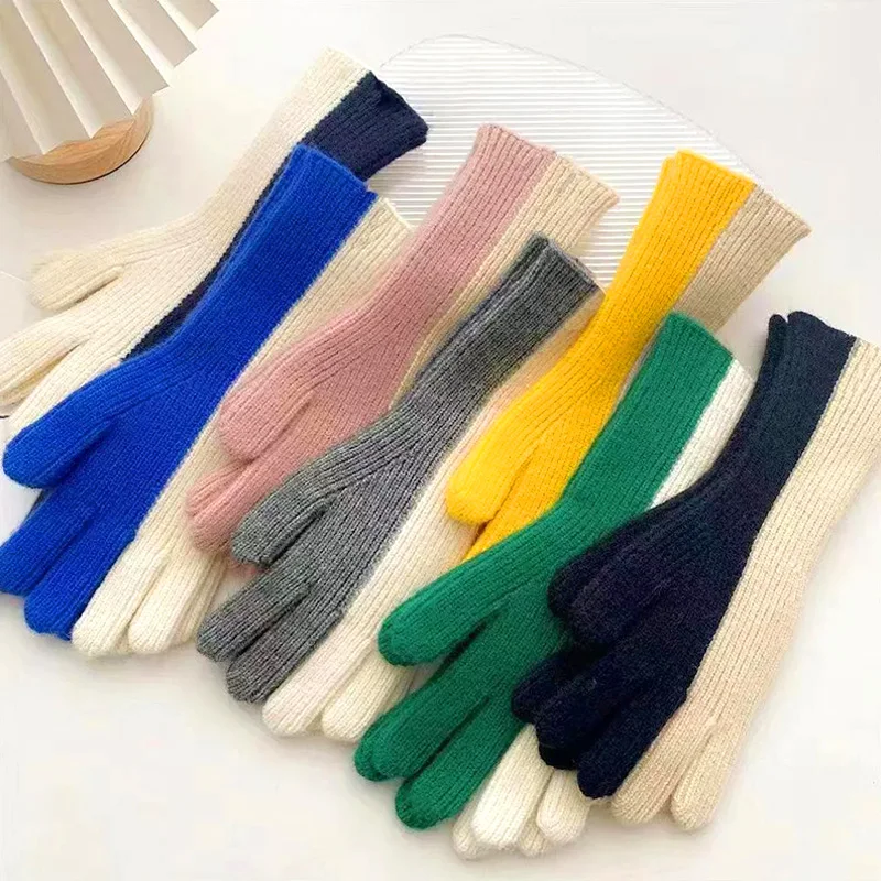 

New Two-Color Splicing Gloves For Women Winter Thicken Warmer Long Wool Knitted Gloves Showable Fingertips Touch Screen Mittens