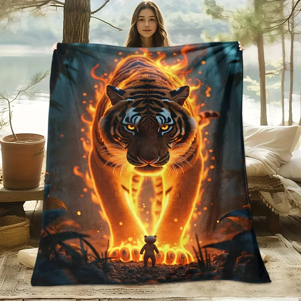 Blue Electric Tiger Galaxy Black Background Fantasy Soft Cozy Throw Blanket for Sofa Bed Mystical Aura
