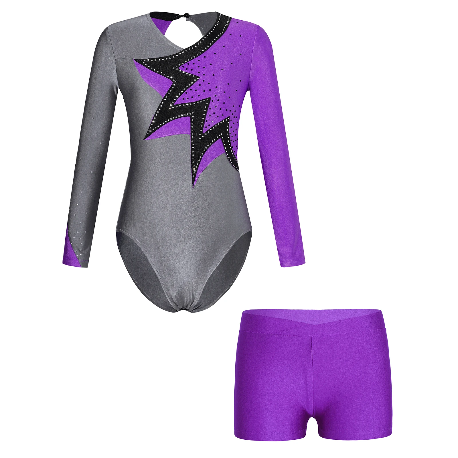 2024 Kids Girls Gymnastics Dance Performance Costumes Long Sleeve Keyhole Back Color Block Shiny Rhinestone Leotard with Shorts