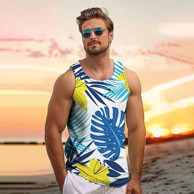 vintage Summer 3D New Tropical Leaves Printed Tank Top Coconut Trees Graphic Tank Tops Men Fashion Cool Streetwear Clothing Vest