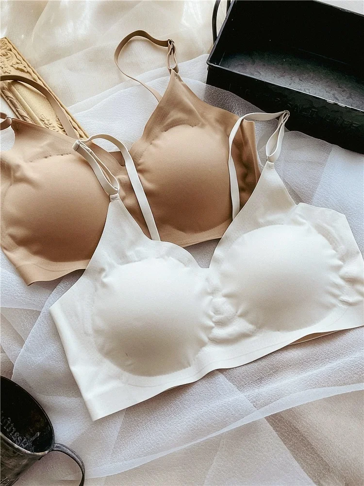 Teenage sexy bra simple thin cotton inserts without steel ring lingerie gathered bras non-marking solid color underwear