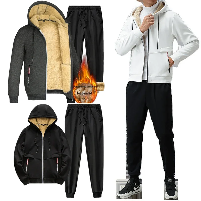 Sets Mens Autumn Winter Hooded Casual Sportswear Sweatpants New Running Pants Style Thickened cotton jacket Male Two-Piece Suit