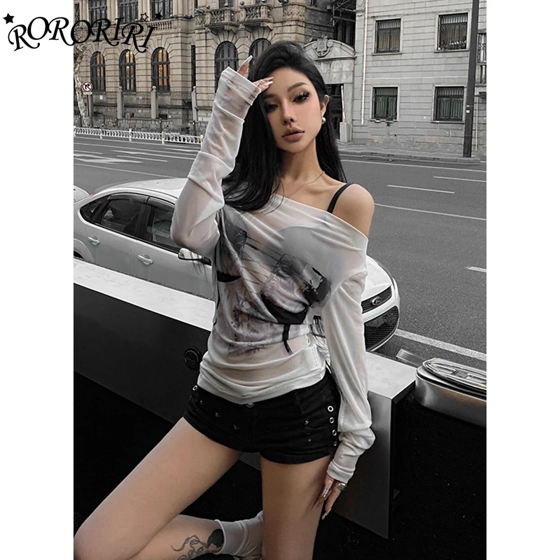 

RORORIRI Retro Print Mesh Sheer T-shirt for Women Long Sleeves Off-shoulder Pullover Stretch Layered Top Gothic Grayu Streetwear