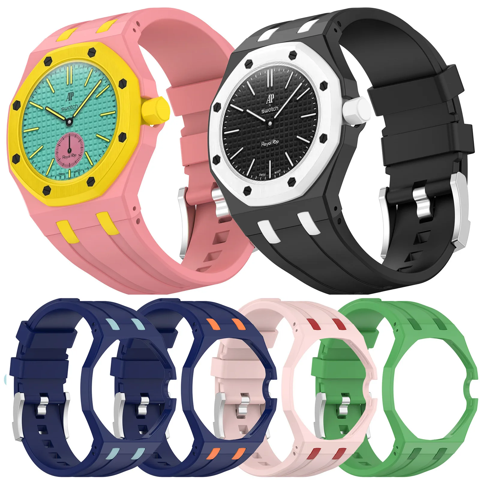 Splicing 3 O Clock PC Mod Kit Case Frame +Strap for Swatch AP Royal Pop Modification Integrated Cover Silicone Band Accessorries