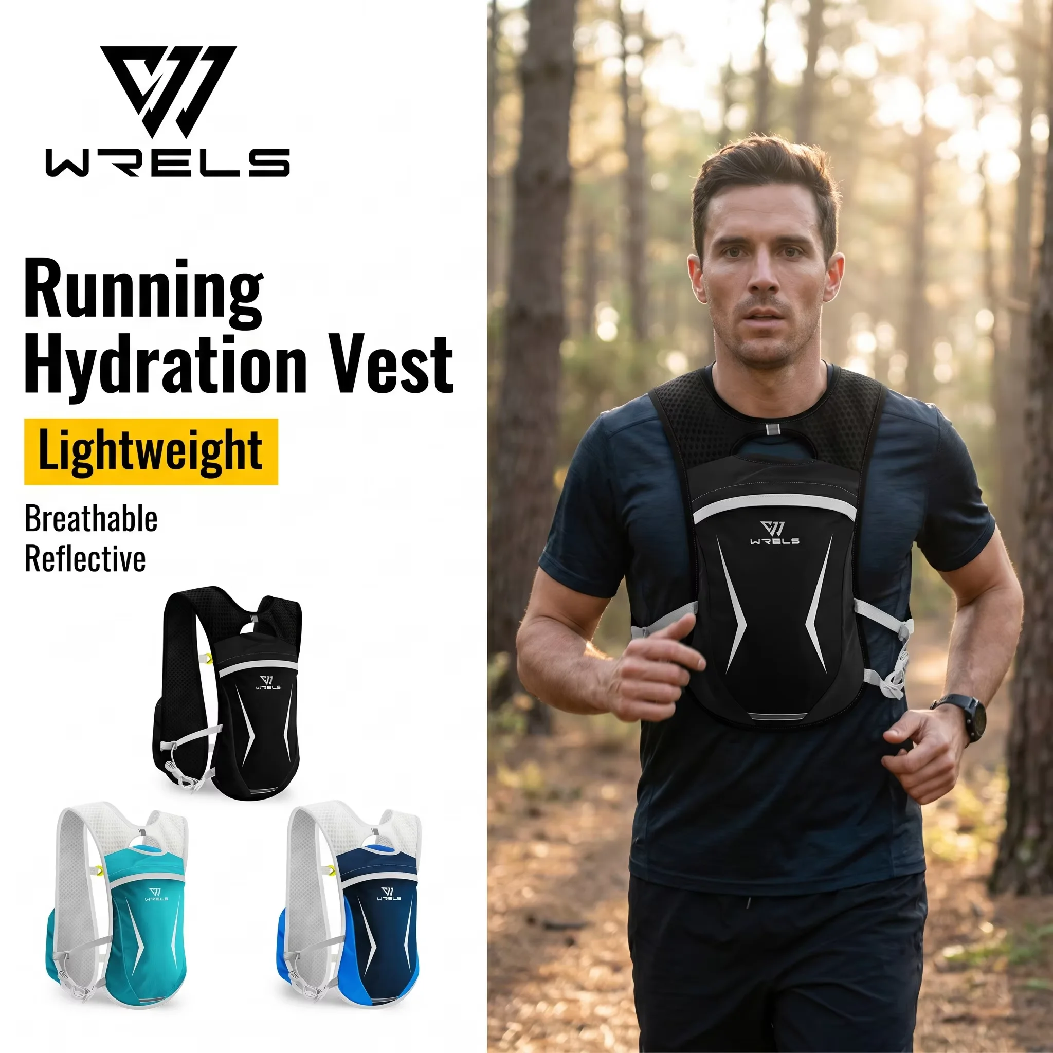 WRELS Hydration Pack Lightweight Breathable Reflective Running Hydration Vest Mesh Adjustable Men Women Marathon Vest