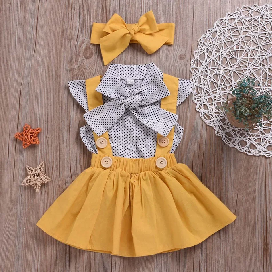 Summer Kids Newborn Baby Girl Plaid Bow T shirt+ Button Suspender Skirt Headband Outfits 2pcs Clothes Sets Toddler girl Outfit