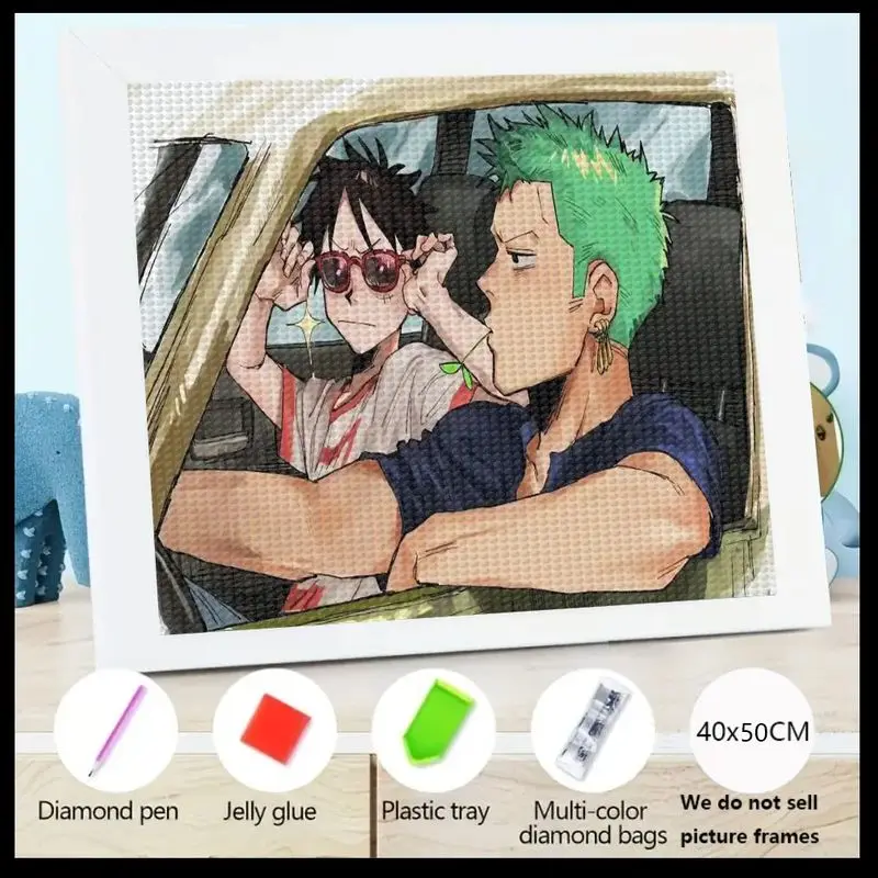 

1 шт. 5D Full Drill DIY Набор для алмазной живописи, с культовыми цельными персонажами Обезьяна Д. Луффи и Ророноа Зоро в повседневном автомобиле