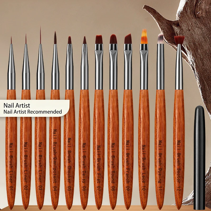 Professional Sandalwood UV Gel Nail Brush Set Flat & Round Head No Shedding Builder Painting Liner French Manicure Tool