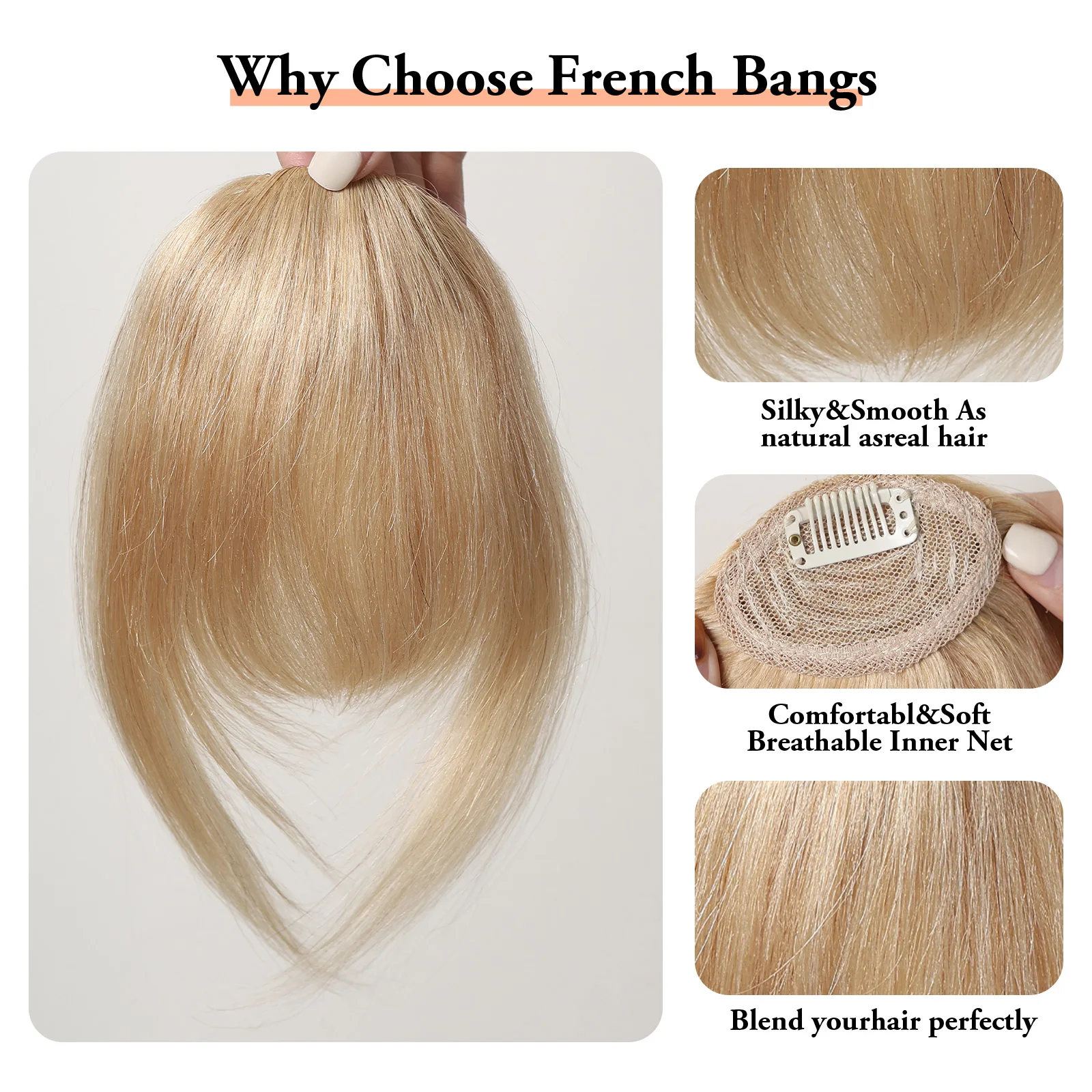 Clip in Bangs 100% Human Hair Bangs  French Natural Blonde Hair Bangs with Temples Clip on Fringe Hairpieces for Women image 6
