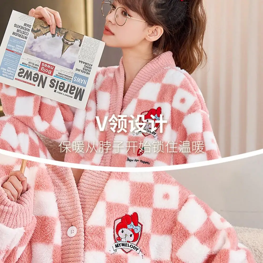 Cartoon Sanrioed Kuromi Cinnamoroll 2Pcs Plush Pajamas Suit Kawaii My Melody Winter Women V-Neck Homewear Cartoon Thicken Sweet