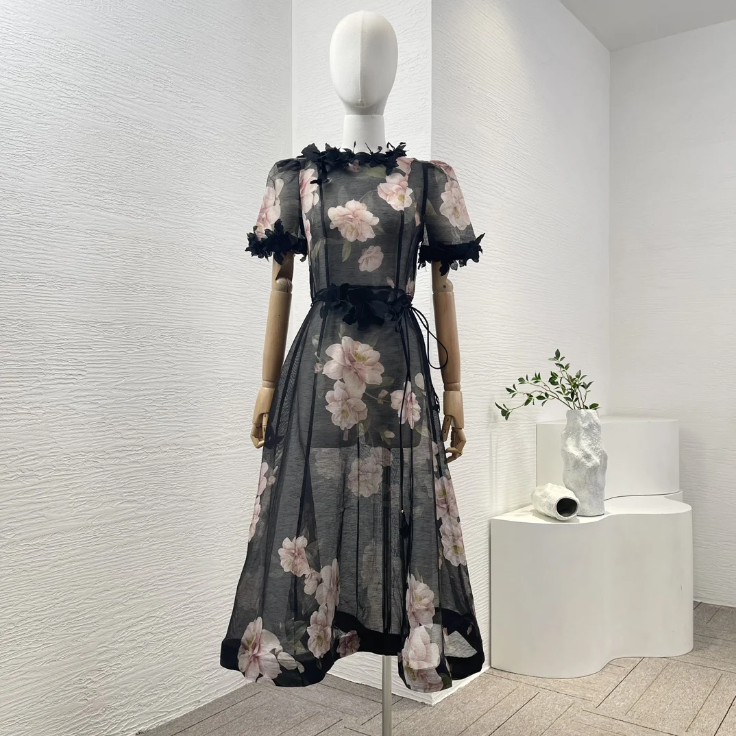 

2025 High Quality Black Camellia Flower Print Short Sleeve Three Dimensional Small Flower Decoration Midi Dress