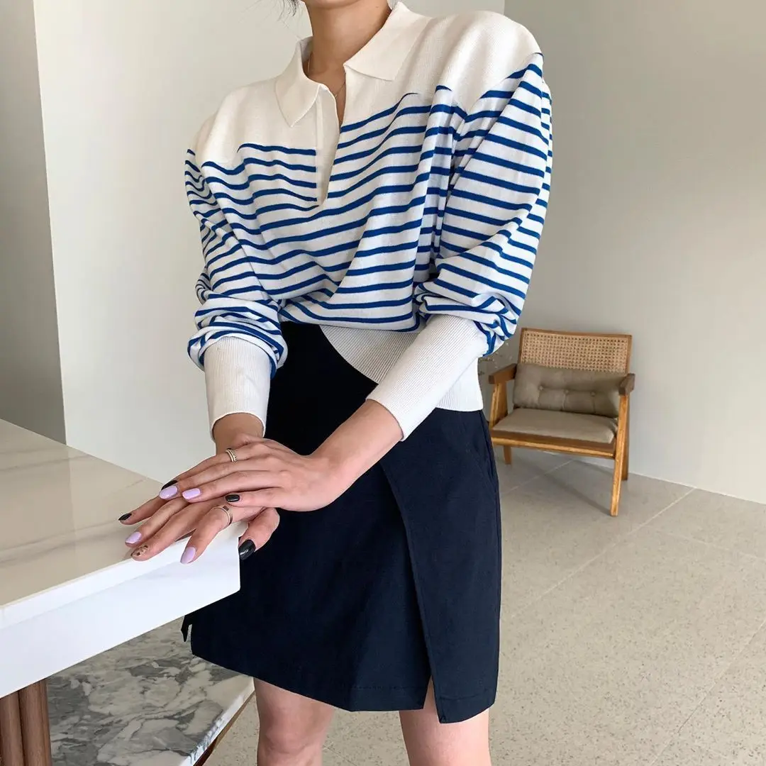 Knitted Pullover Lapel Panelled Striped Turn-Down Collar Chic Autumn 2024 All-Match Sweater Puff Sleeve Simple Tops Women