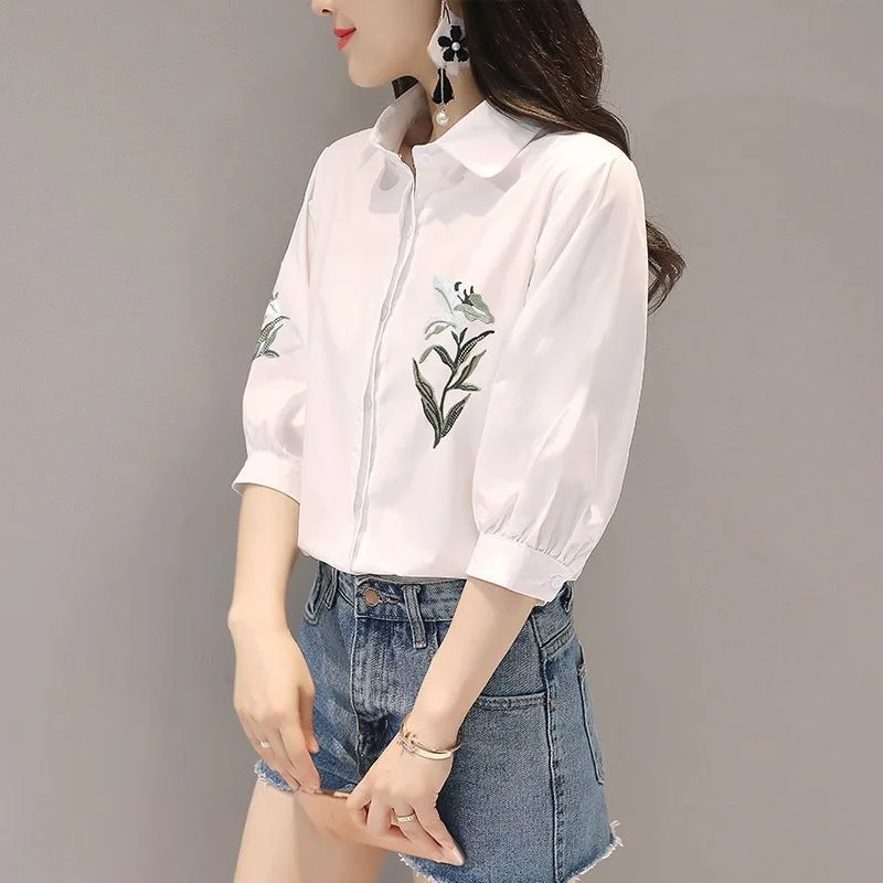 Spring Summer Fashion Loose New Style Half Sleeve Buttons Embroidered Women's Shirt Simplicity Elegant Trend Temperament Tops