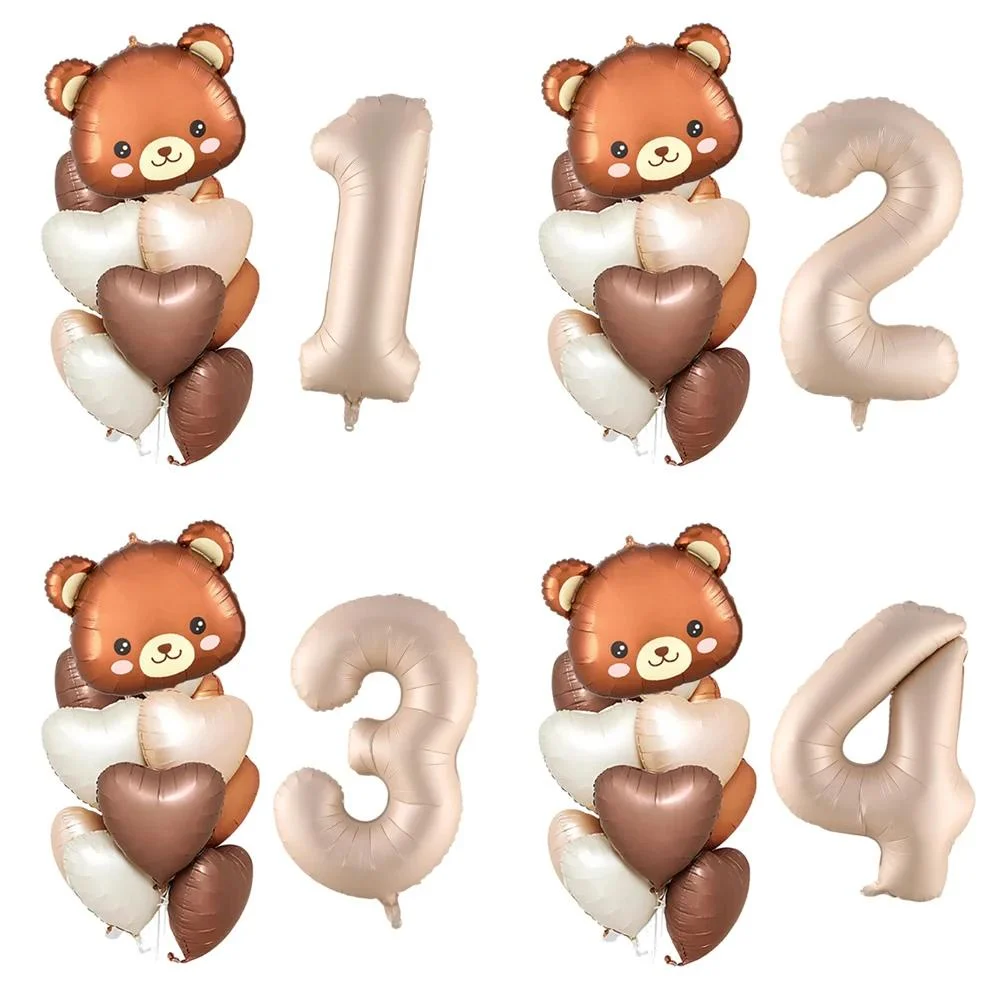 8pcs/Pack 18inch Heart Balloon Brown Bear Balloon Bouqnent Caramel Number Balloon 1 2 3 4 5 6 7 8 9 For Birthday Party