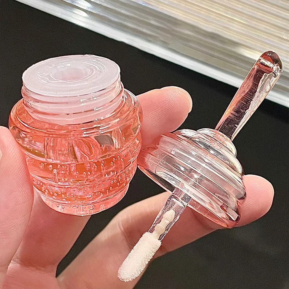 Honig Topf Lip Öl Lindert Trockene Feuchtigkeitsspend Lip Gloss Verblasst Lip Linien Spiegel Wasser Licht Großen Pinsel Kopf Pfirsich Schlafen lippen Pflege