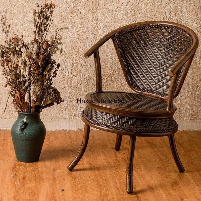 Silla pequeña de mimbre con respaldo alto para ancianos, sillón de imitación de bambú para balcón al aire libre