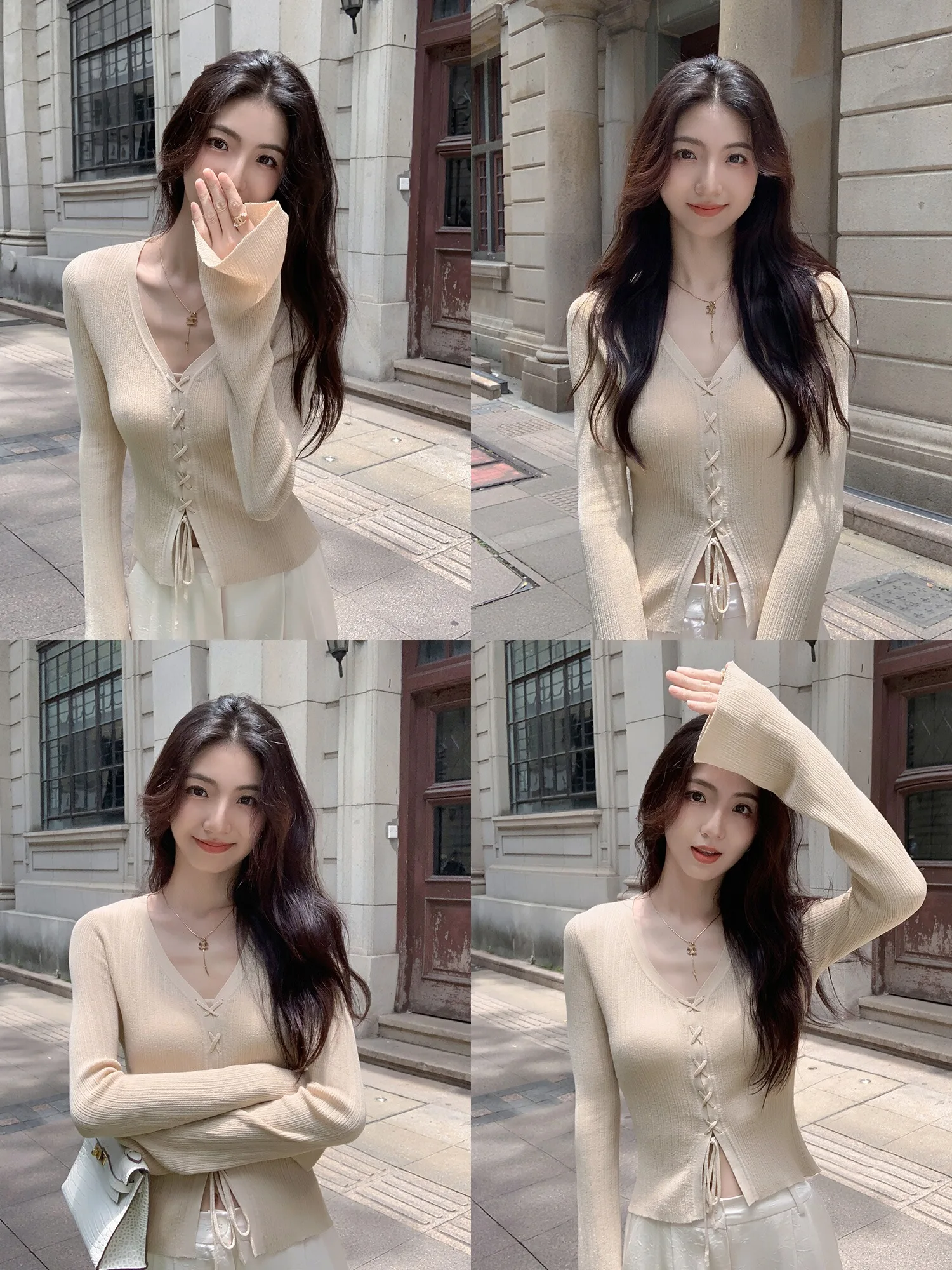 

Женский вязаный свитер Mulvan с V-образным вырезом, длинными рукавами, облегающий крой, рукава-колокол, тонкий, из чистого трикотажа, в уличном стиле