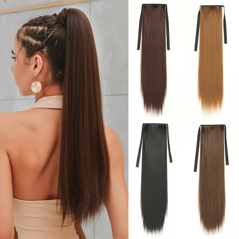 Rabo de cavalo reto longo sintético para mulheres, extensões naturais do cabelo, postiços marrons, cauda falsa, uso diário, 22"